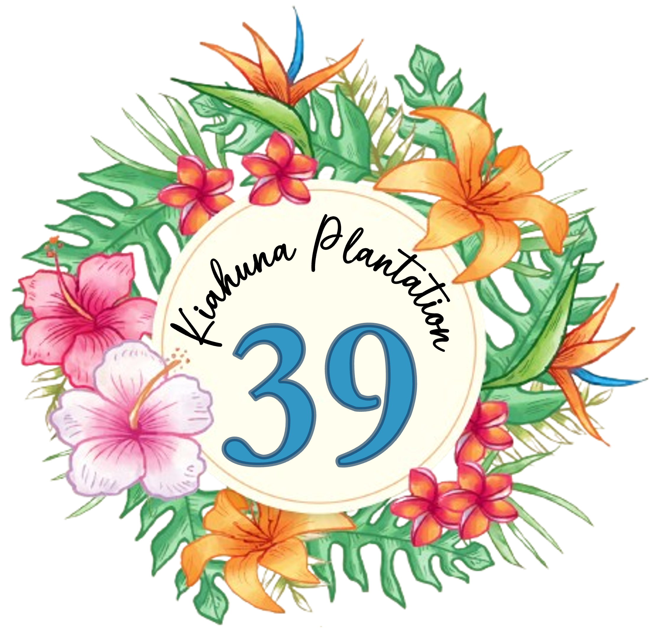Kiahuna Plantation Condo Unit 39 logo. A wreath of tropical flowers and leaves with a round beige center and the words Kiahuna Plantation above a large number 39.