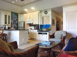Living area in foreground with kitchen in the back left.